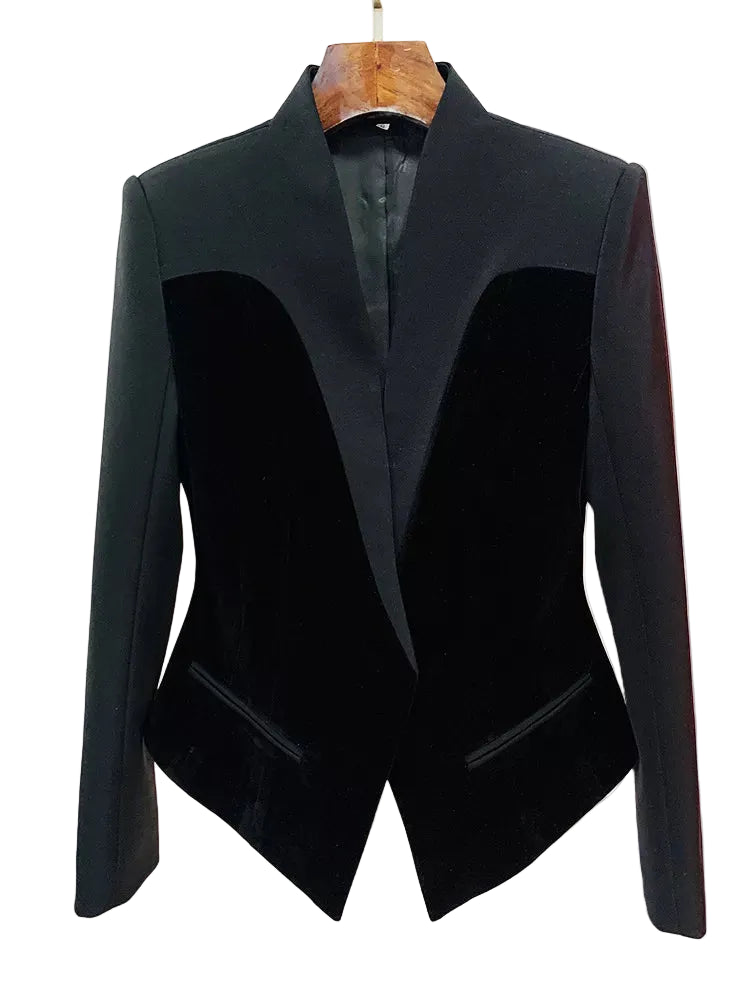 Black blazer on a wooden hanger against a white background