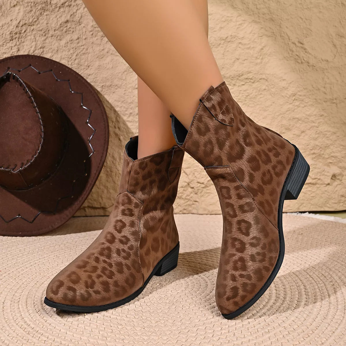 Leopard print western ankle boots