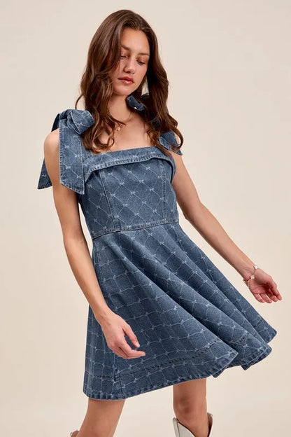 A Line Fit and Flare Diamond Bow Ribbon Denim Dres.