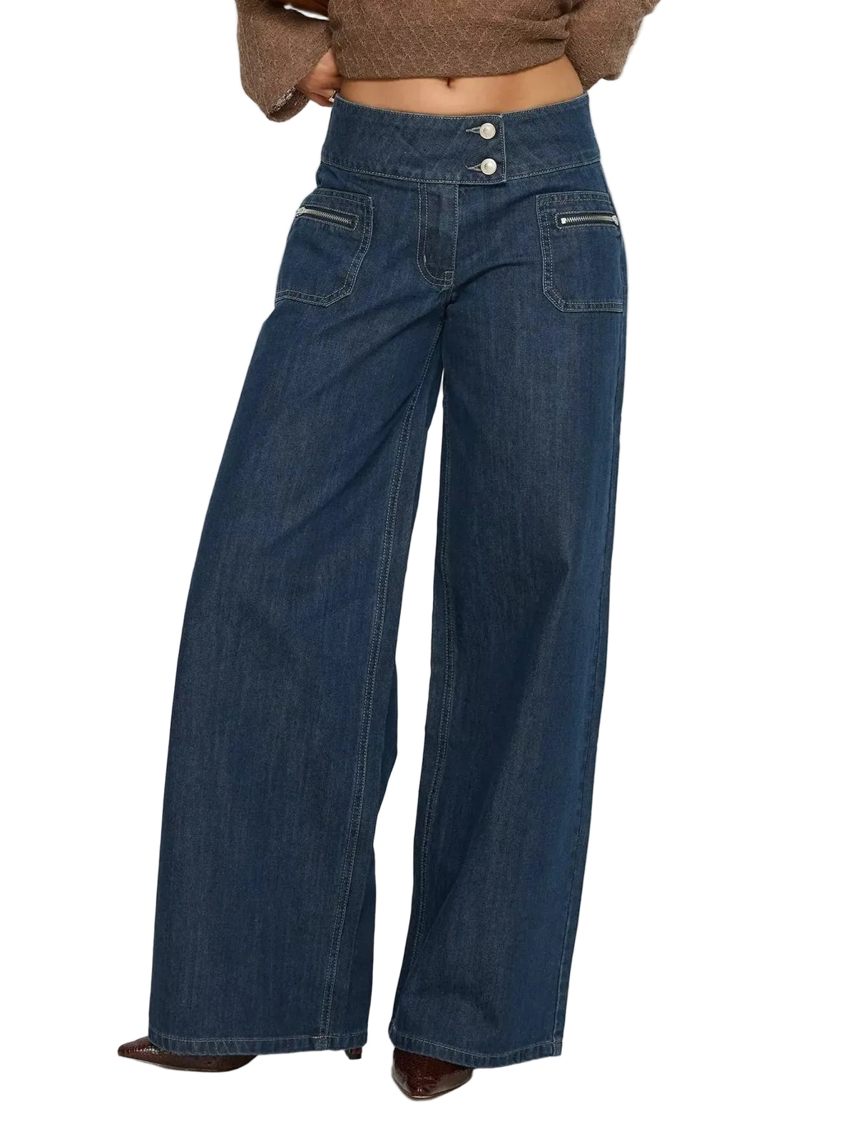 Blue jeans worn by a person on a white background