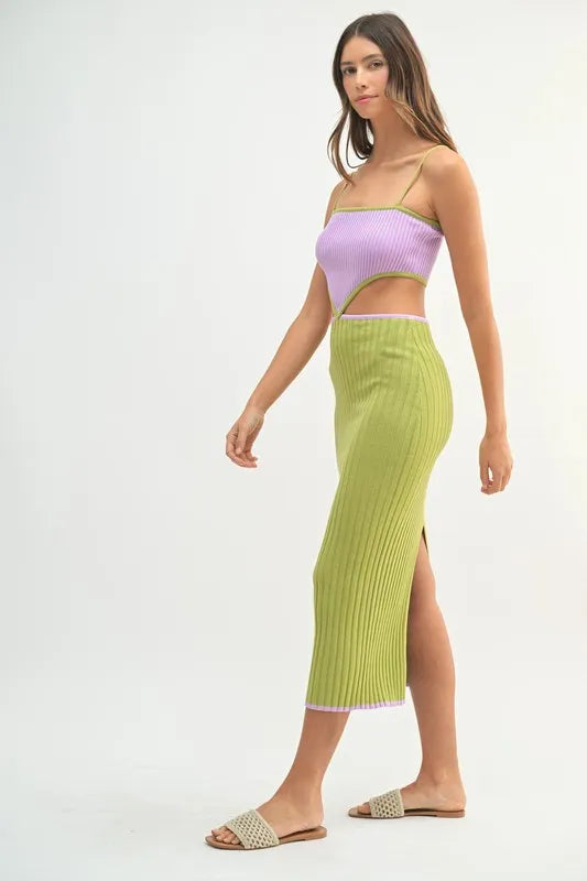 Ribbed Knit Color Block Cutout Midi Dress.