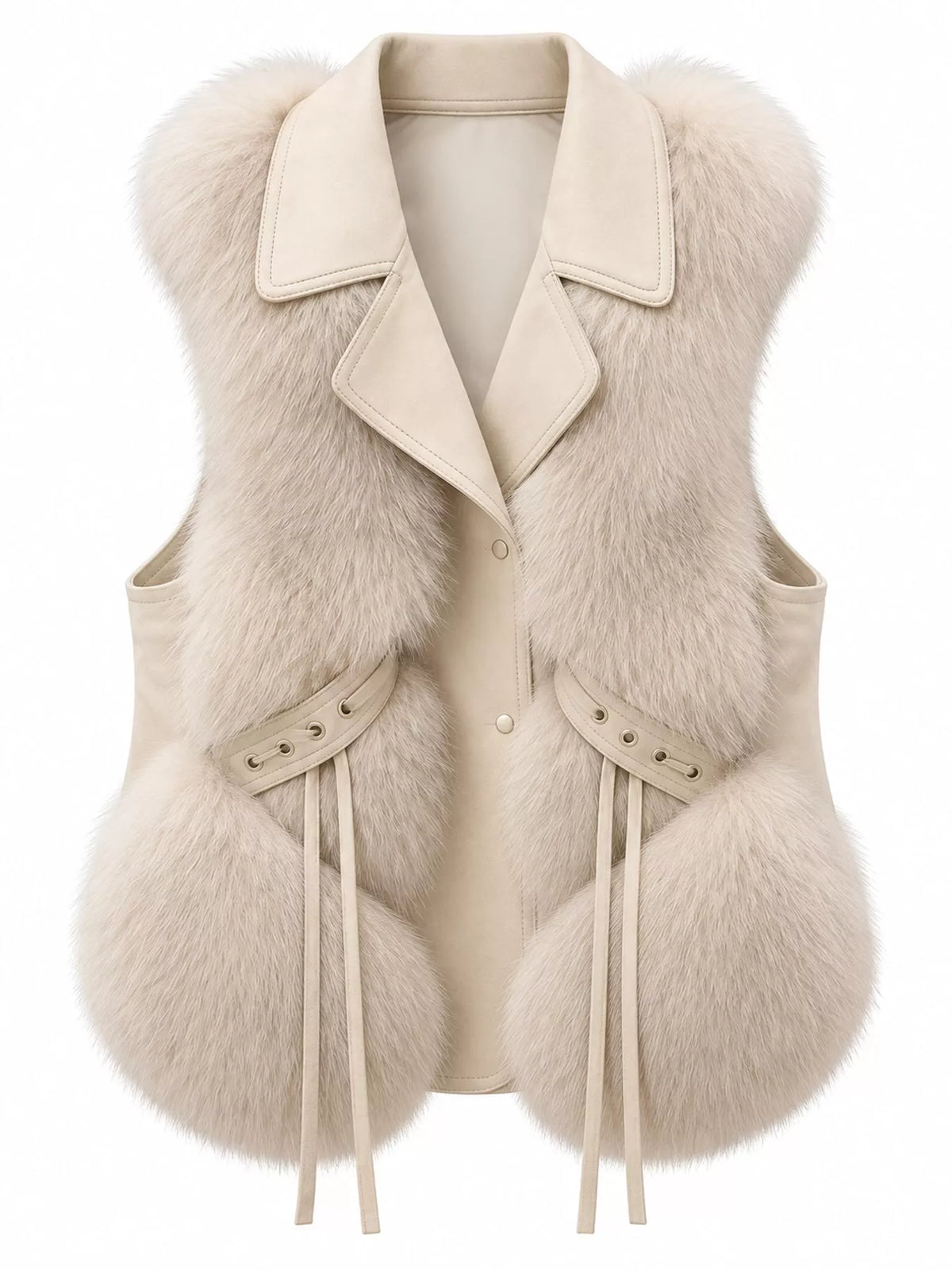 A cream-colored faux fur vest with a structured collar, front buttons, and decorative tie details on the sides, shown against a plain white background.