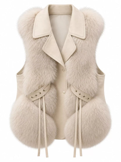 A cream-colored faux fur vest with a structured collar, front buttons, and decorative tie details on the sides, shown against a plain white background.