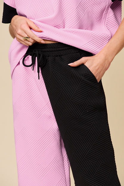 Double Take Full Size Texture Contrast T-Shirt and Wide Leg Pants Set