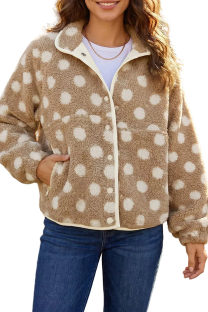 Polka Dot Faux Fur Metal Button Placket Shift Silhouette Jacket