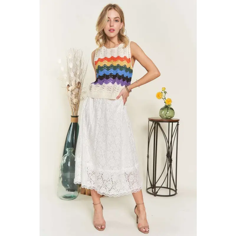 Elastic Waist Lace Midi Skirt.