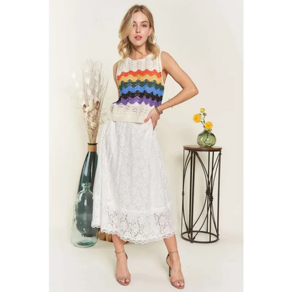 Elastic Waist Lace Midi Skirt.