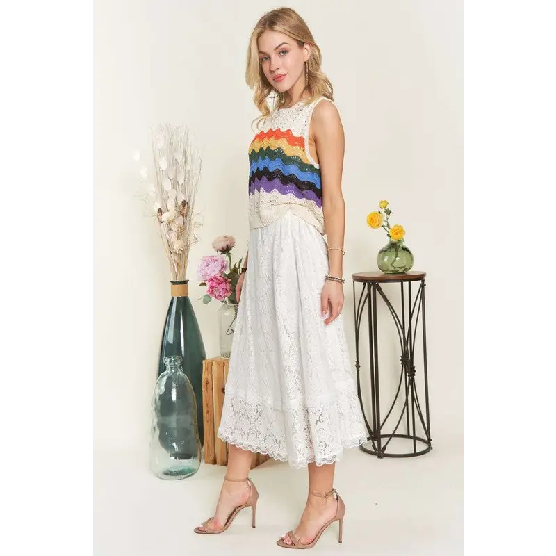 Elastic Waist Lace Midi Skirt.