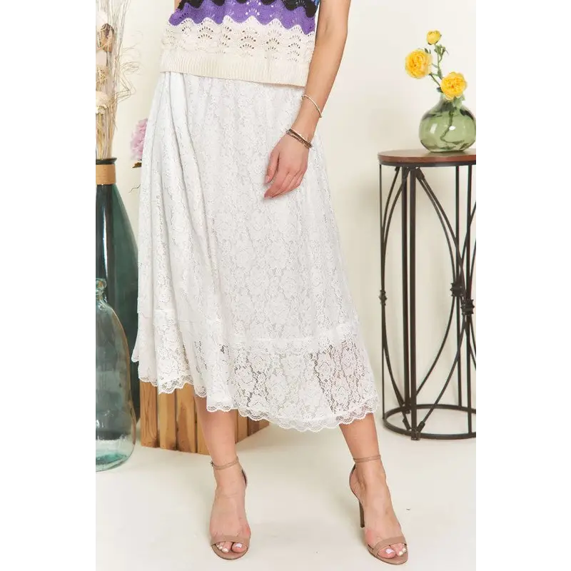 Elastic Waist Lace Midi Skirt.