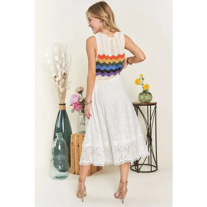 Elastic Waist Lace Midi Skirt.