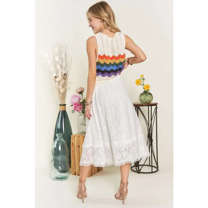 Elastic Waist Lace Midi Skirt.