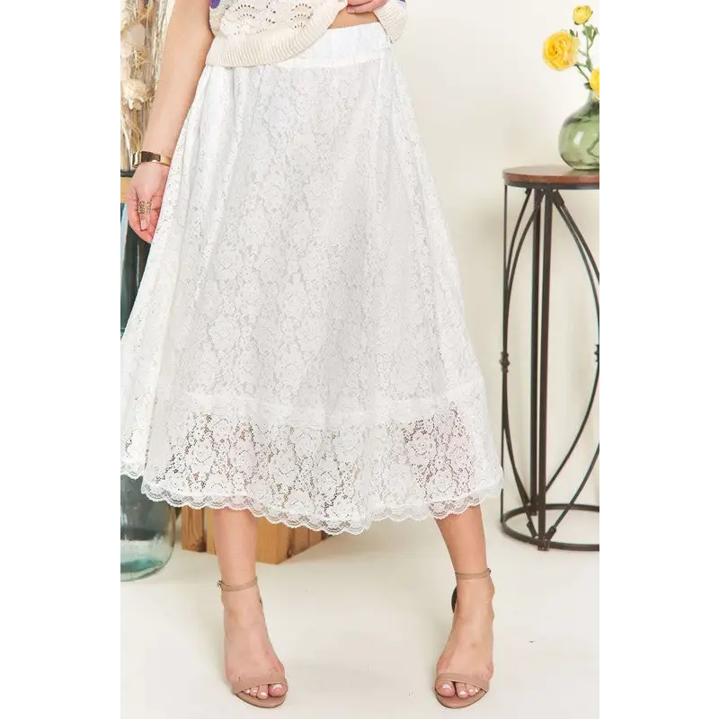 Elastic Waist Lace Midi Skirt.
