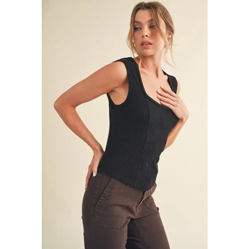 Exposed Seam Ribbed Wide Strap Tank.
