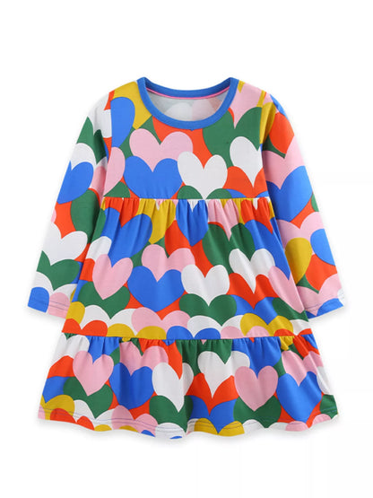 Children's Heart Print Long Sleeve Tiered Casual Dress