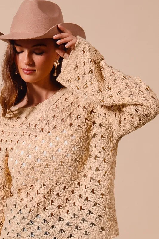 Geometric Pattern Open Knit Lightweight Sweater.