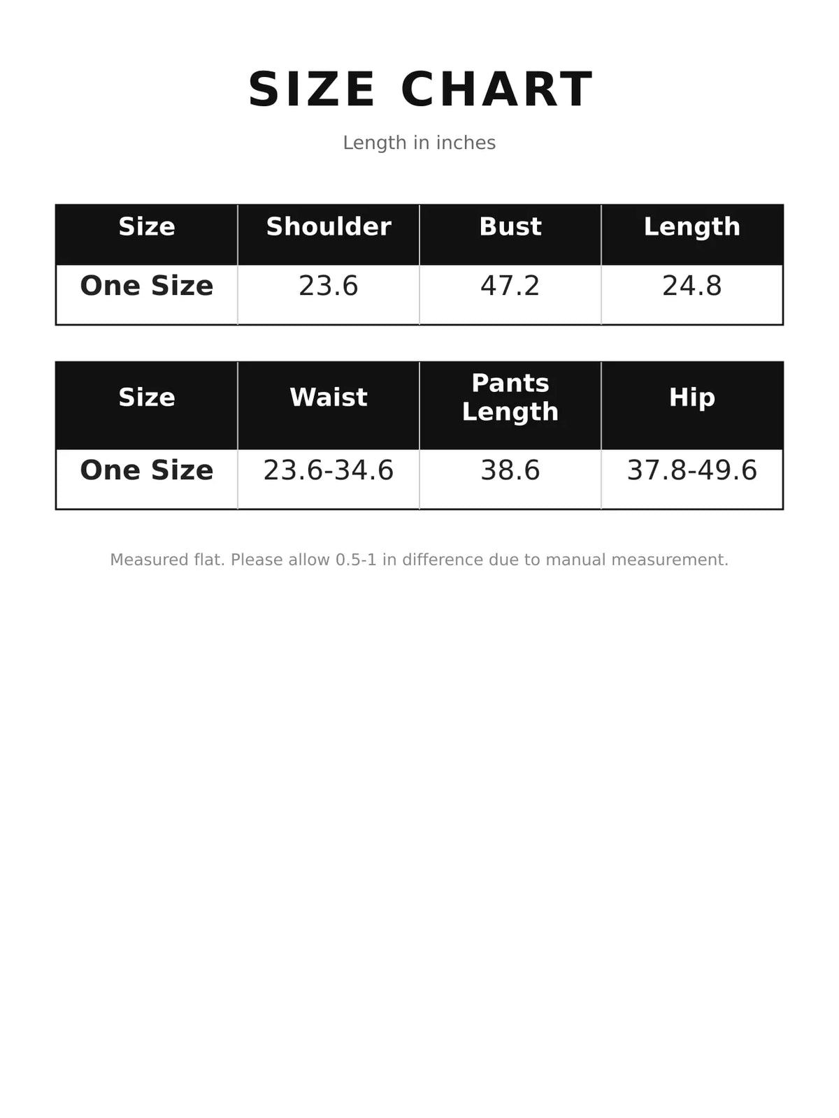 Size chart for the turtleneck poncho sweater and wide-leg knit pants set
