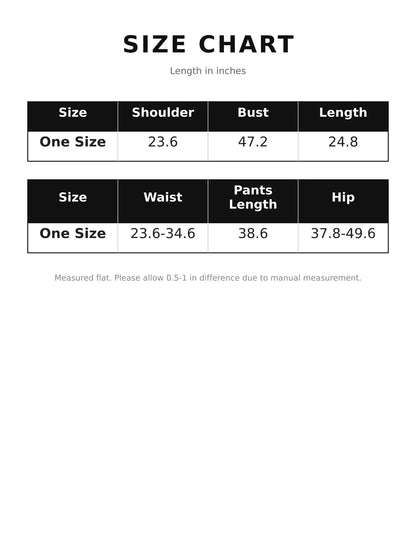 Size chart for the turtleneck poncho sweater and wide-leg knit pants set
