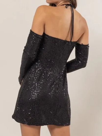 Sequin Rosette Halter Mini Dress.