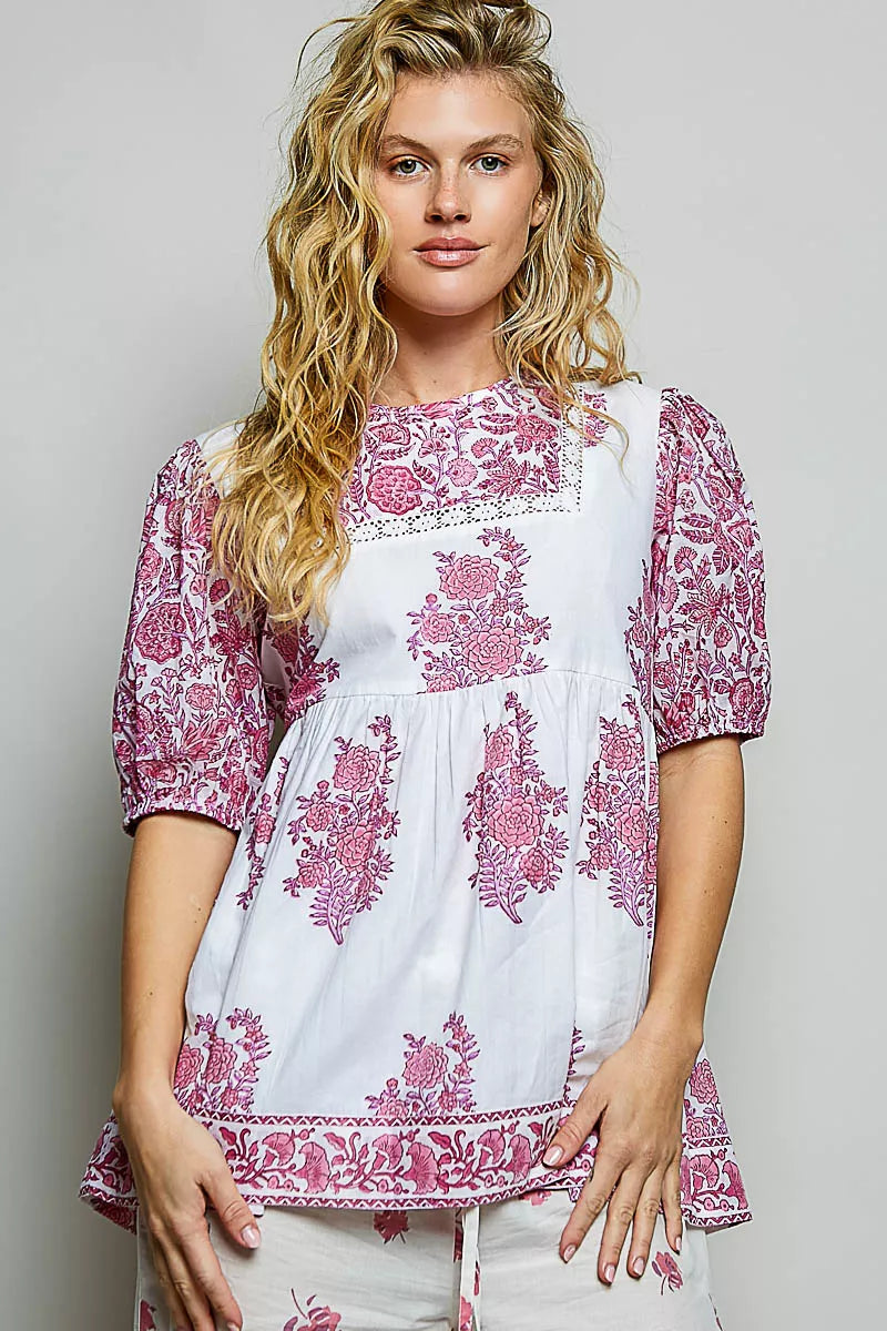 Vintage Hand Block Print Floral Woven Blouse