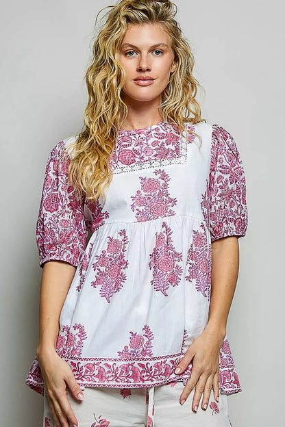 Vintage Hand Block Print Floral Woven Blouse