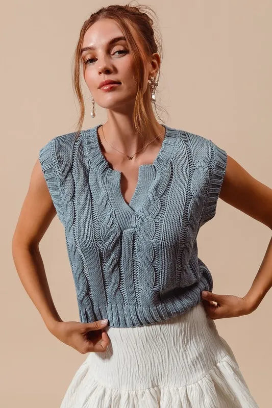 Notched Neck Cable Knit Sweater Vest.