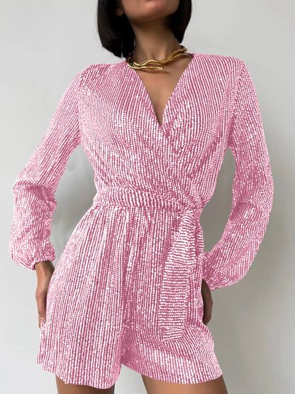 Full Size Sequin Surplice Tie Waist Long Sleeve Romper