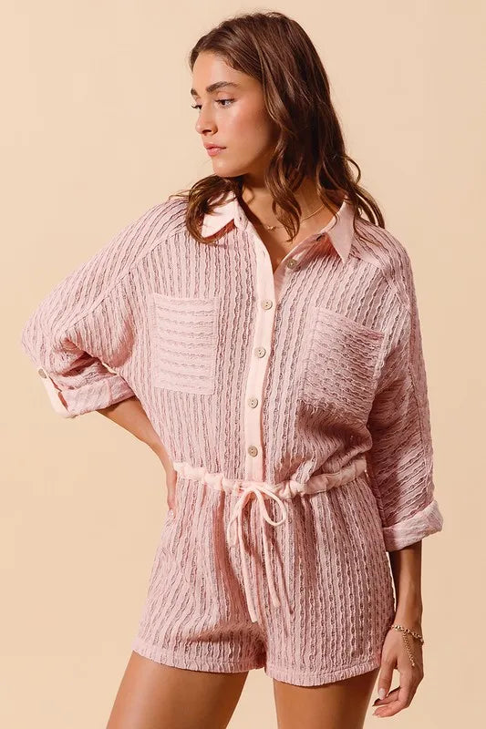 Textured Knit Button Front Romper.