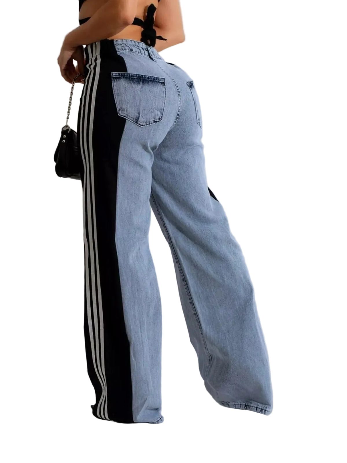 A person wearing wide-leg light-wash denim jeans with a black side stripe panel accented by three white stripes, shown from the back against a plain light gray studio background.