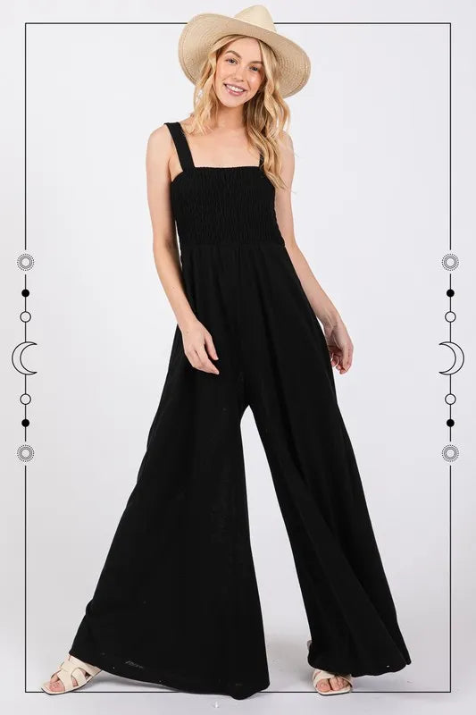 Smocked Flowy Wide Leg Jumpsuit.