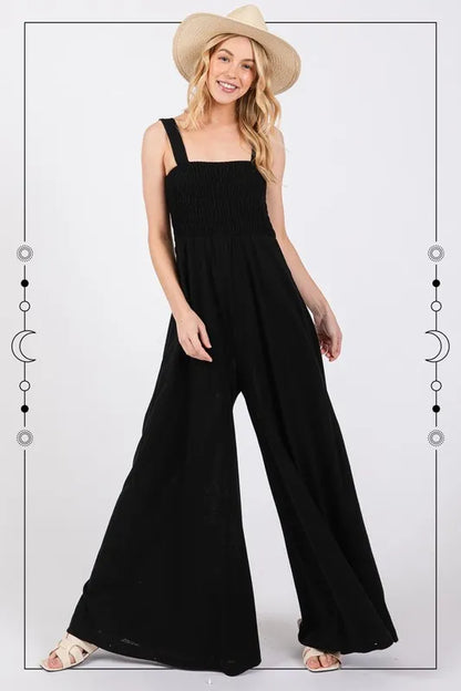 Smocked Flowy Wide Leg Jumpsuit.