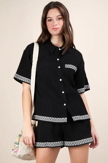 Crinkled Woven Shirt Top & Shorts Set.