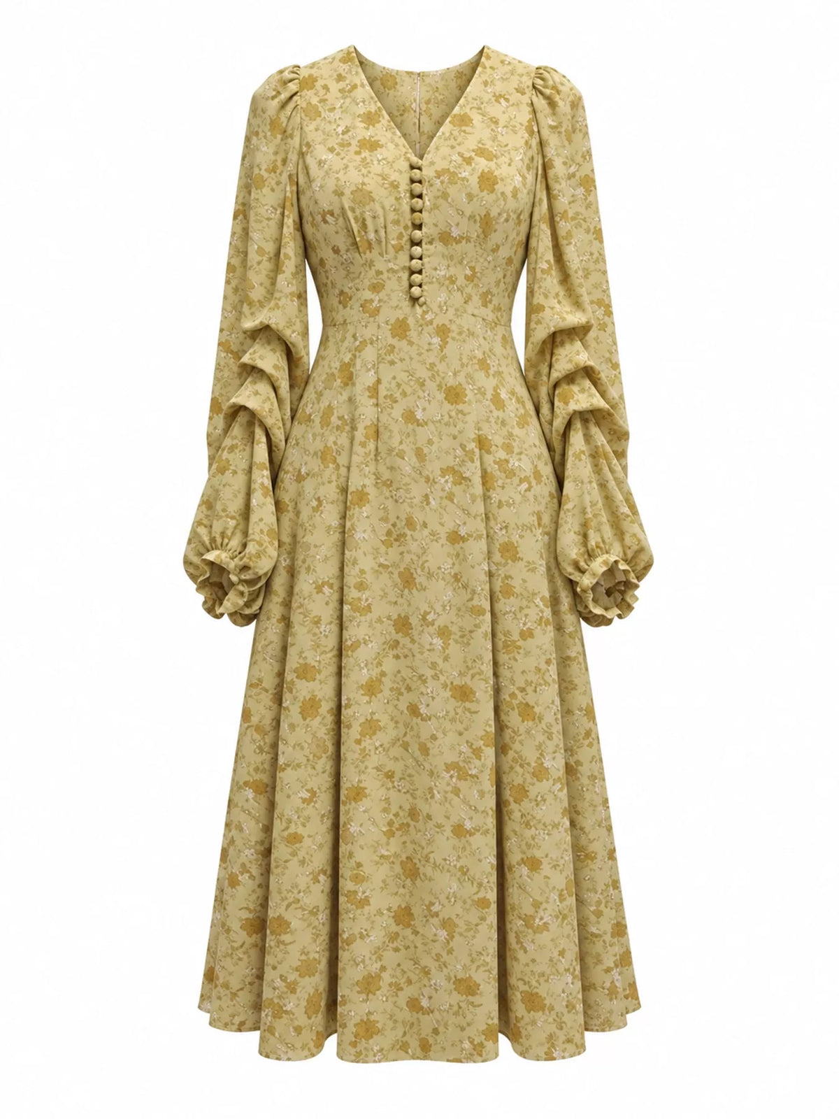 A long-sleeved midi dress with a ruffled yoke, buttoned front, and voluminous tiered sleeves, featuring a yellow and brown floral pattern, shown on a plain white background.