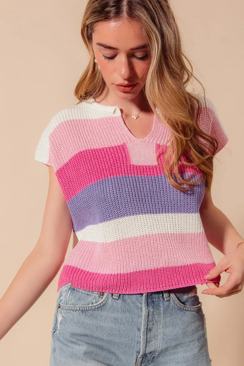 Multi Color Stripe Loose Fit Cap Sleeve Sweater Top.