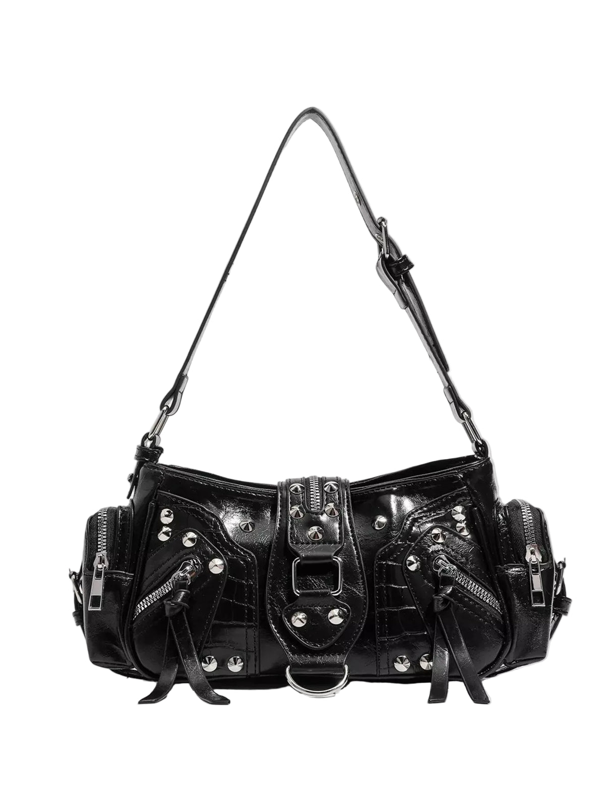 A black studded leather shoulder bag with multiple zippers, buckles, and a long strap, photographed against a light gray studio background.