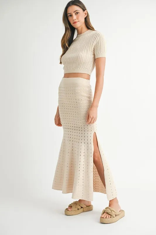 Pointelle Short Sleeve Crop Top and Slit Skirt Sweater Set.