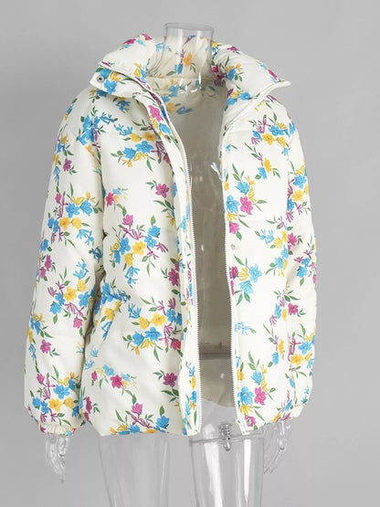 Floral print puffer jacket with stand collar