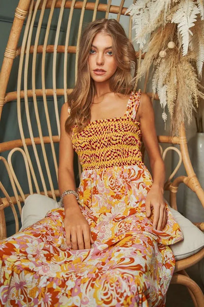 Multi Smocked Bodice Geo Ruffle Strappy Midi Dress.