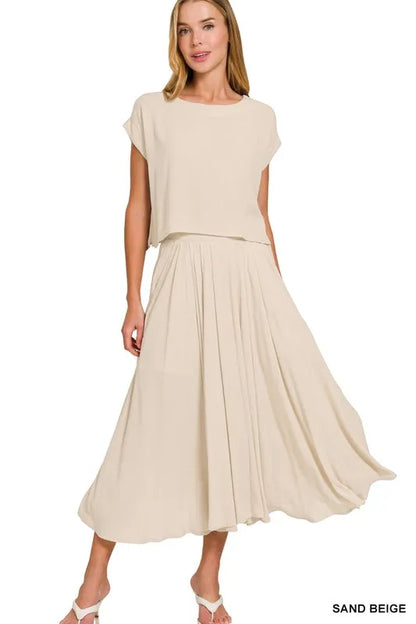 Woven Crinkle Gauze Crop Tee and Skirt Set.