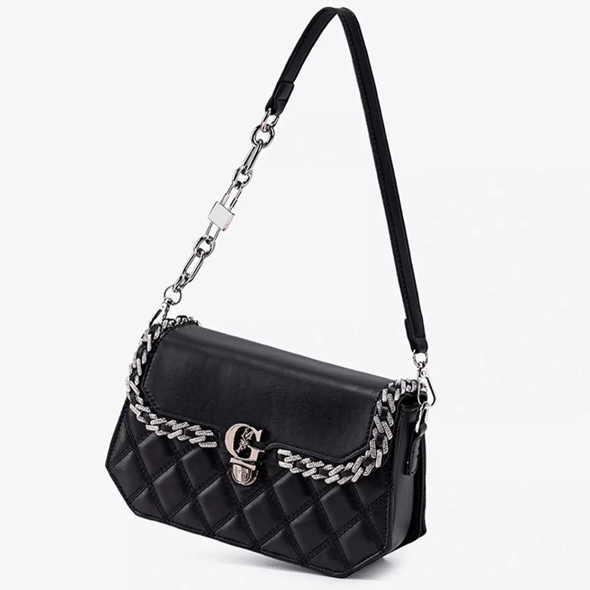 A black quilted leather shoulder bag with silver-tone chain detailing and a silver padlock clasp, shown on a clean white background.