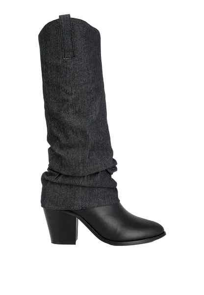 Gray knee-high boot with black heel on a white background
