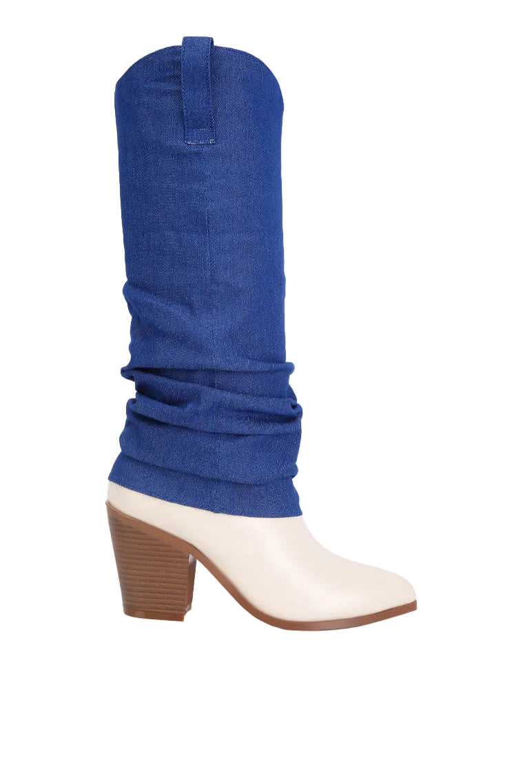 Blue knee-high sock with a beige shoe on a white background