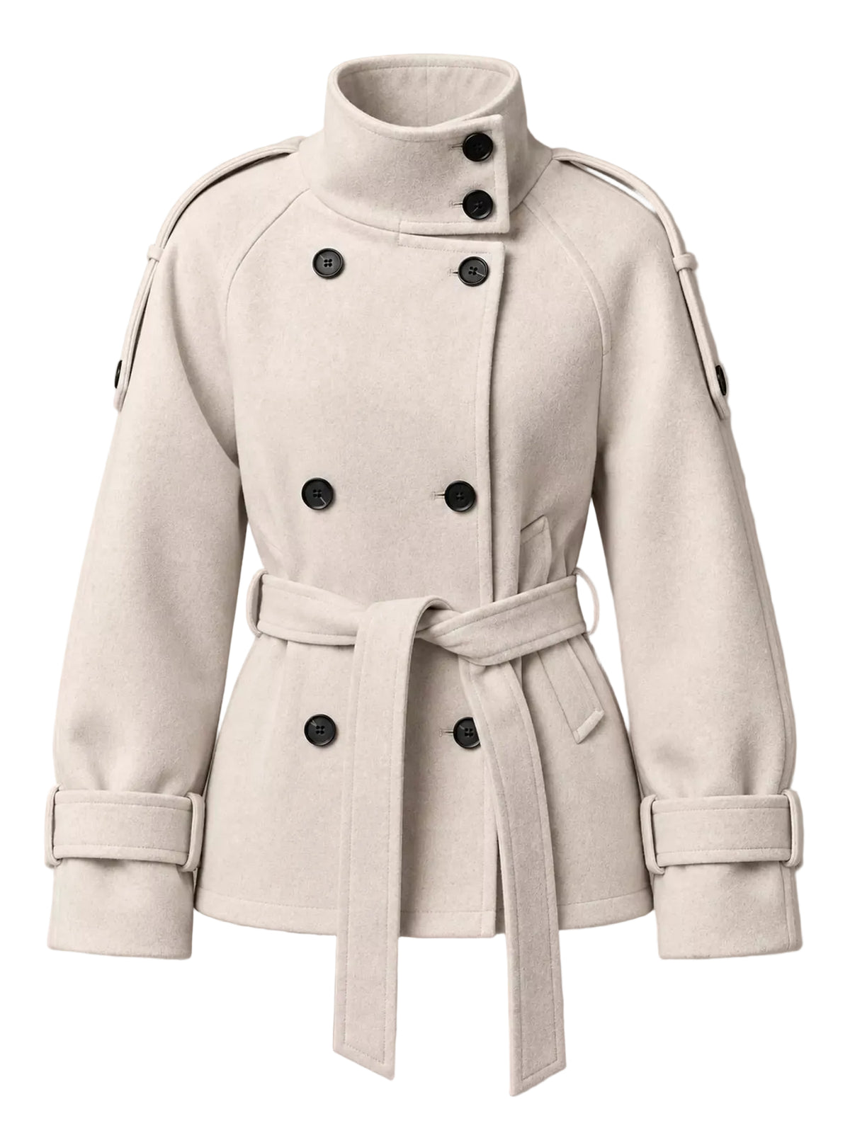 A cream-colored double-breasted coat with a high stand-up collar, matching waist belt, and dark buttons, shown against a solid taupe background.