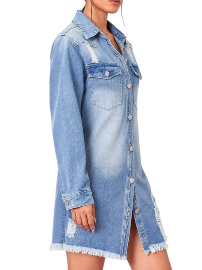 Distressed Frayed Hem Longline Denim Jacket