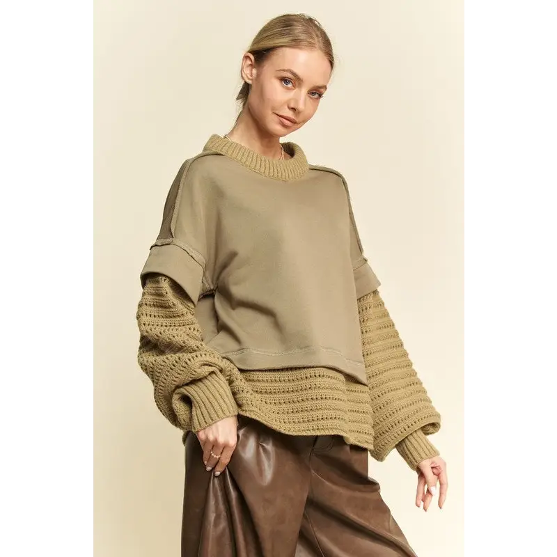 Faux Layered Round Neck Sweater.