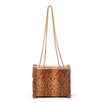 Faux Shearling Snake Print Shoulder Bag.