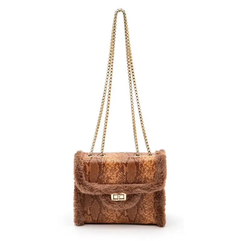 Faux Shearling Snake Print Shoulder Bag.