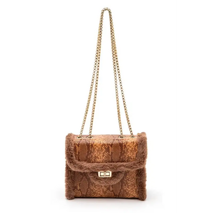 Faux Shearling Snake Print Shoulder Bag.