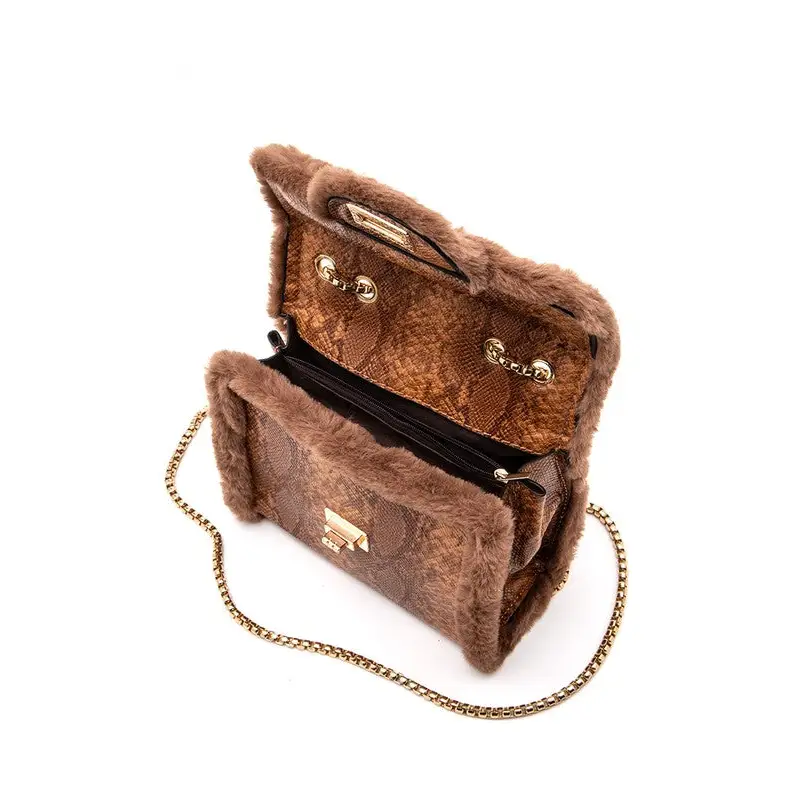 Faux Shearling Snake Print Shoulder Bag.