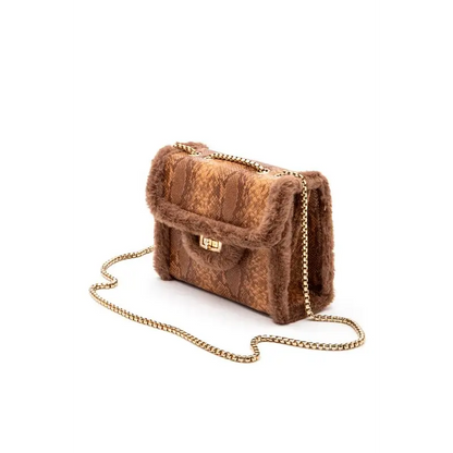 Faux Shearling Snake Print Shoulder Bag.