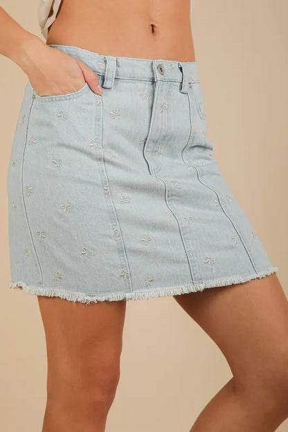 Bow Printed Casual Denim Mini Skirt.